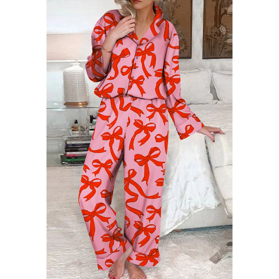 Pink 2pcs Bow Print Shirt Style Long Sleeve Pajama Set Pink / S / 100% Polyester Loungewear &amp; Sleepwear/Sleepwear