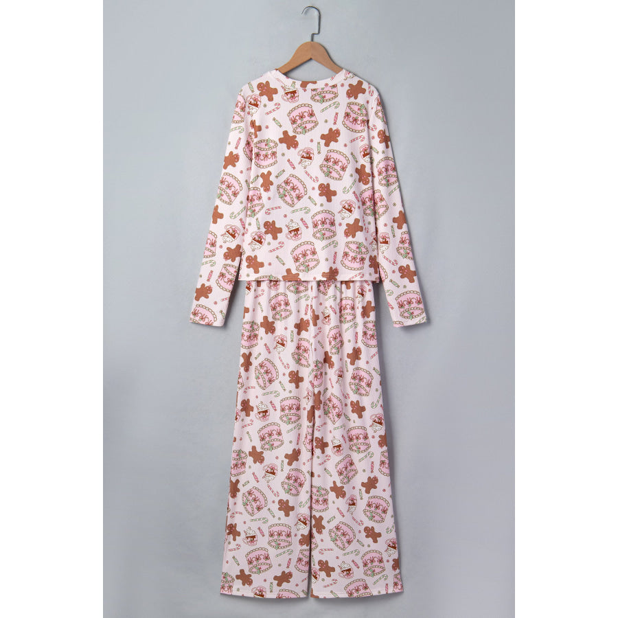 Pink Abstract Christmas Print Long Sleeve Two Piece Lounge Set Loungewear & Sleepwear/Loungewear