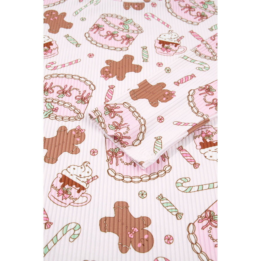 Pink Abstract Christmas Print Long Sleeve Two Piece Lounge Set Loungewear & Sleepwear/Loungewear
