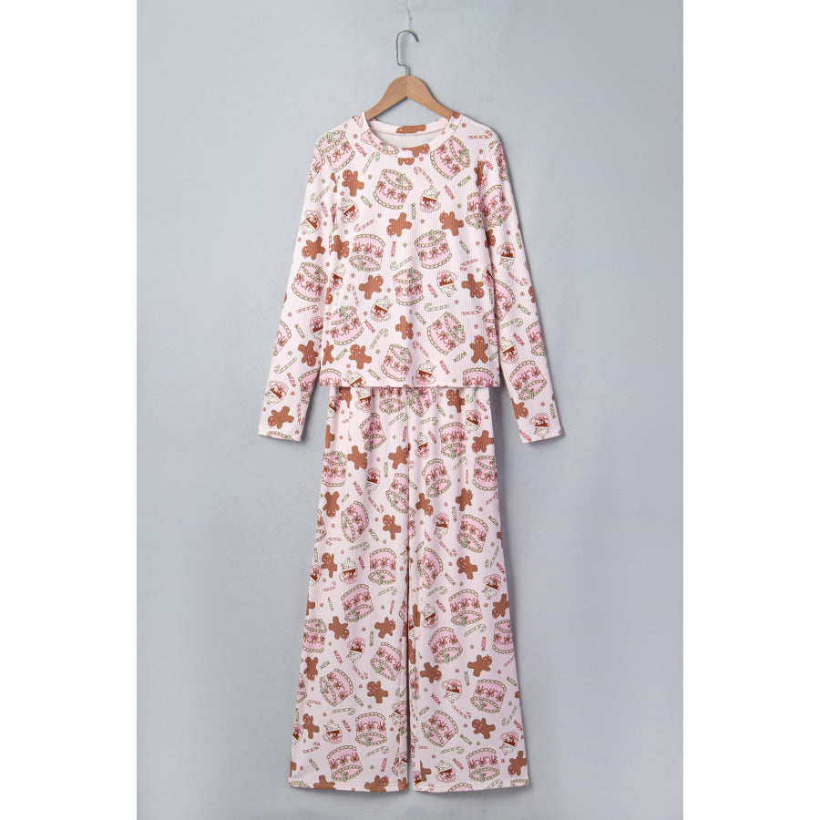 Pink Abstract Christmas Print Long Sleeve Two Piece Lounge Set Loungewear & Sleepwear/Loungewear