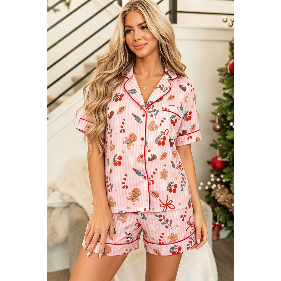 Pink Abstract Christmas Print Short Sleeve Two Piece Lounge Set Loungewear & Sleepwear/Loungewear