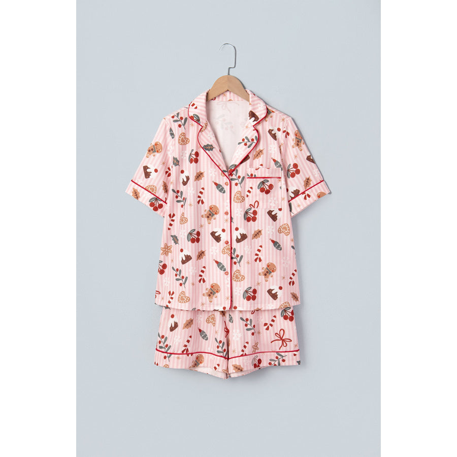 Pink Abstract Christmas Print Short Sleeve Two Piece Lounge Set Loungewear & Sleepwear/Loungewear
