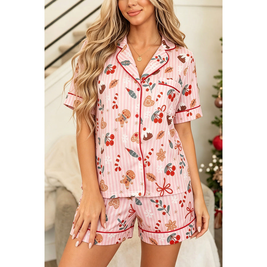 Pink Abstract Christmas Print Short Sleeve Two Piece Lounge Set / S / 95% Polyester + 5% Elastane Loungewear & Sleepwear/Loungewear