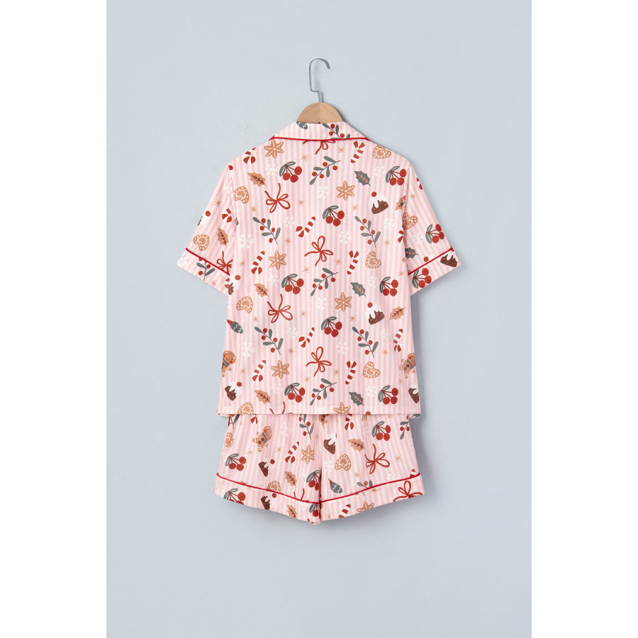 Pink Abstract Christmas Print Short Sleeve Two Piece Lounge Set Loungewear & Sleepwear/Loungewear