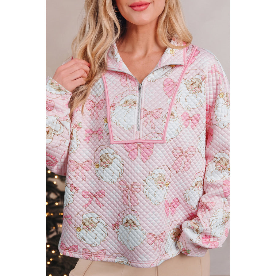 Pink Abstract Christmas Print Zip-Up Collar Long Sleeve Sweatshirt / S / 100% Polyester Tops/Sweatshirts & Hoodies
