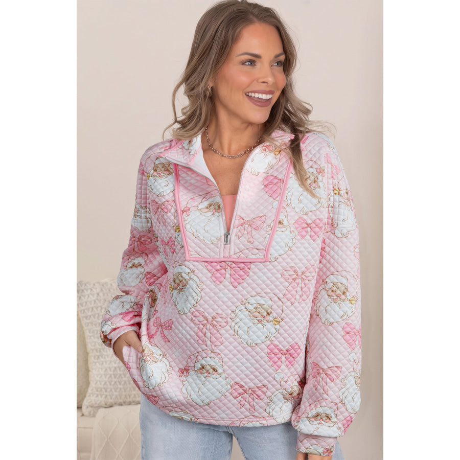Pink Abstract Christmas Print Zip-Up Collar Long Sleeve Sweatshirt Tops/Sweatshirts & Hoodies