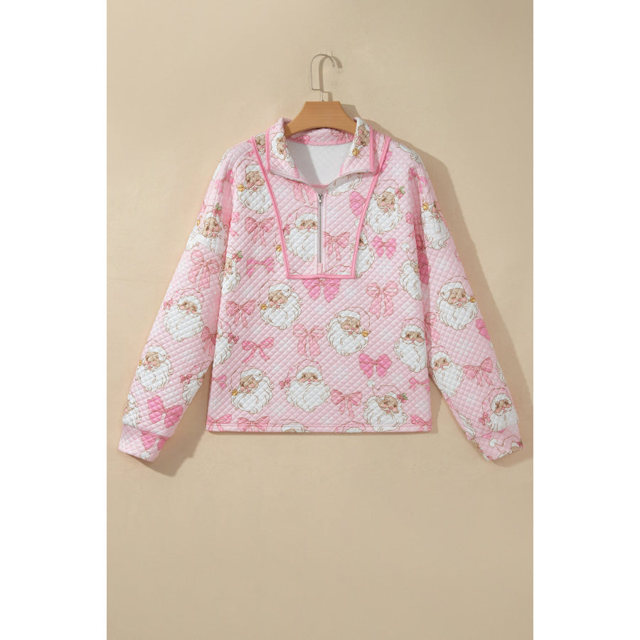 Pink Abstract Christmas Print Zip-Up Collar Long Sleeve Sweatshirt Tops/Sweatshirts & Hoodies