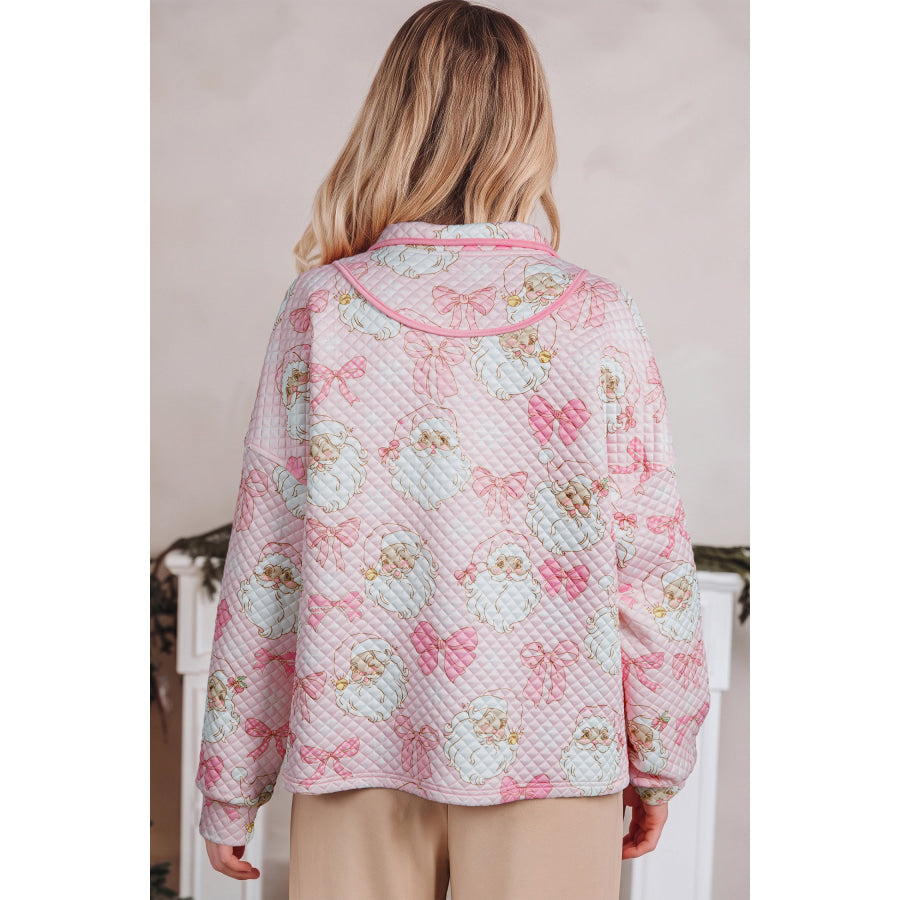 Pink Abstract Christmas Print Zip-Up Collar Long Sleeve Sweatshirt / S / 100% Polyester Tops/Sweatshirts & Hoodies
