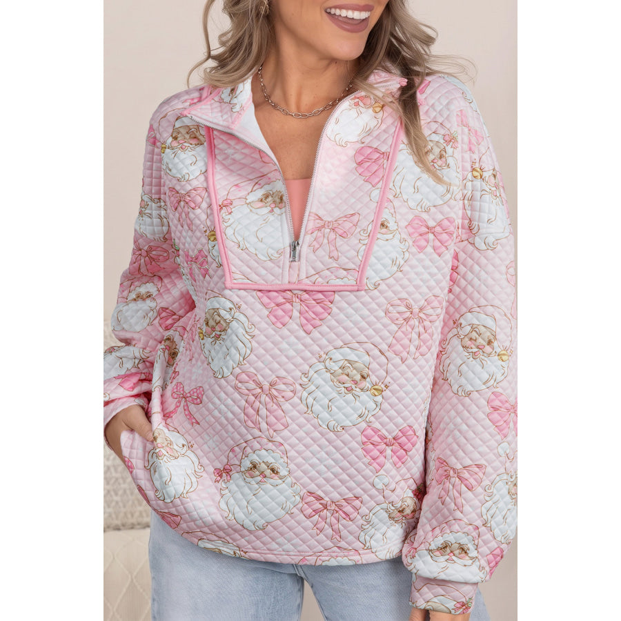 Pink Abstract Christmas Print Zip-Up Collar Long Sleeve Sweatshirt Tops/Sweatshirts & Hoodies