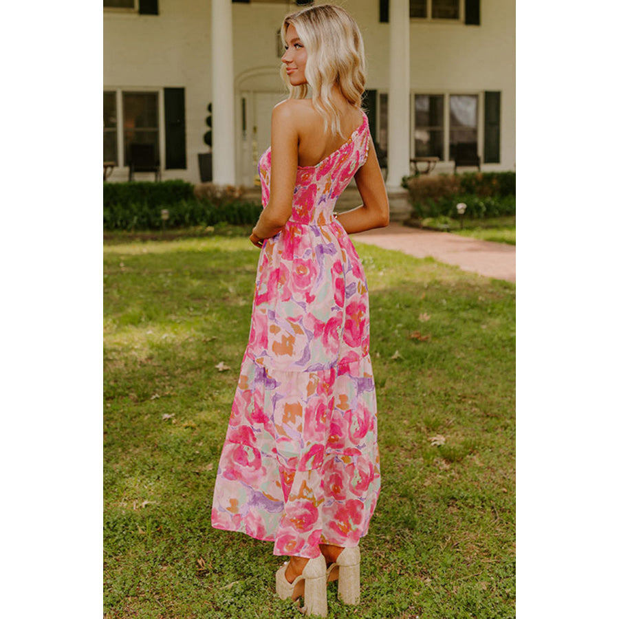 Pink Abstract Floral Print Shirred One Shoulder Maxi Dress Dresses/Floral Dresses