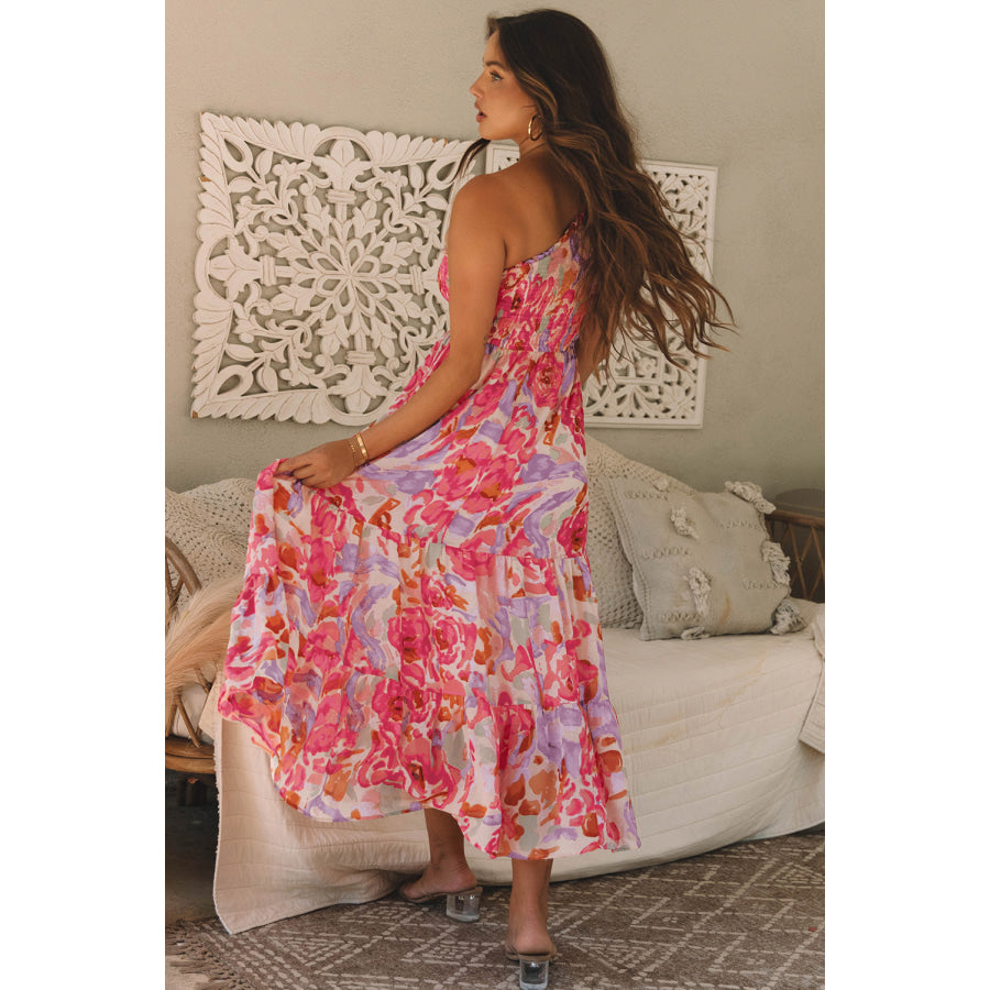 Pink Abstract Floral Print Shirred One Shoulder Maxi Dress Dresses/Floral Dresses