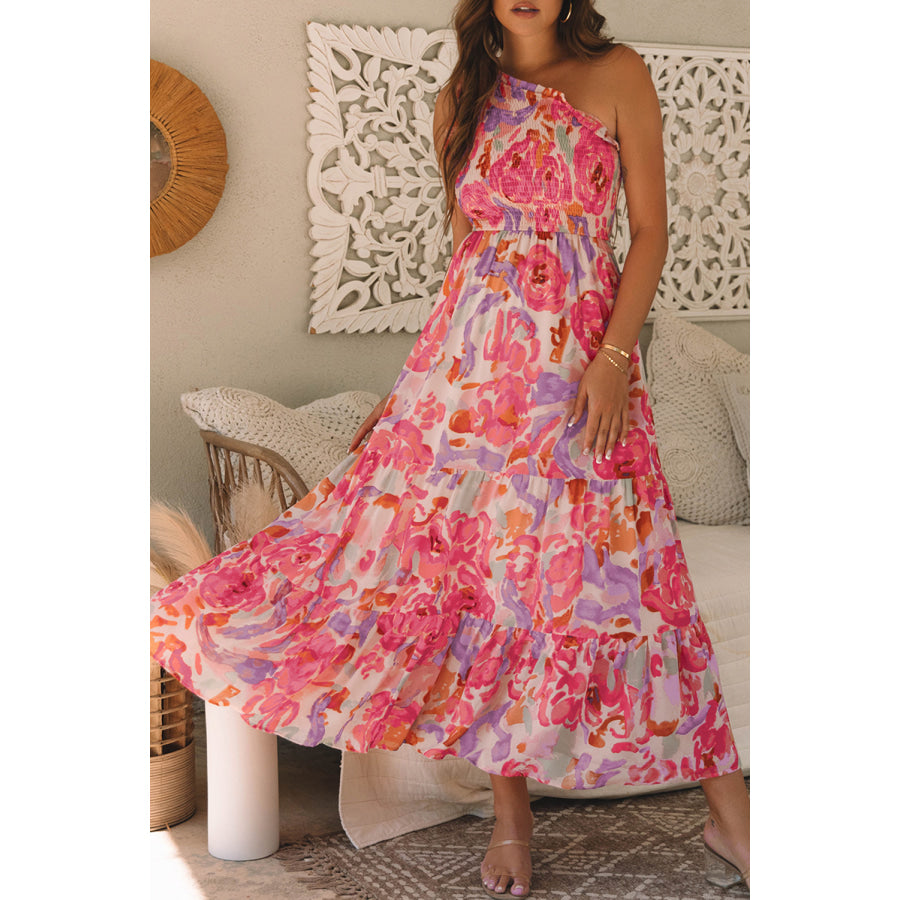 Pink Abstract Floral Print Shirred One Shoulder Maxi Dress Dresses/Floral Dresses