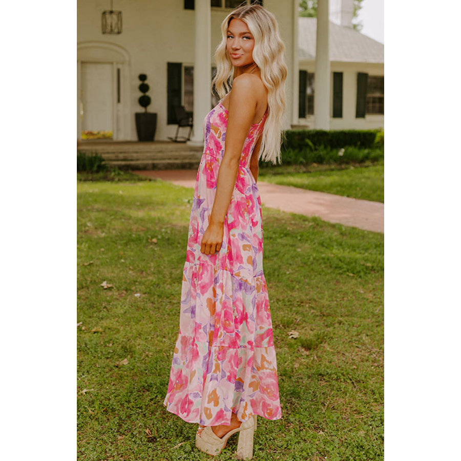 Pink Abstract Floral Print Shirred One Shoulder Maxi Dress Dresses/Floral Dresses