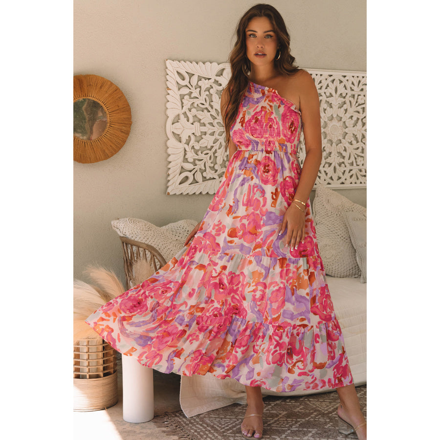 Pink Abstract Floral Print Shirred One Shoulder Maxi Dress Dresses/Floral Dresses