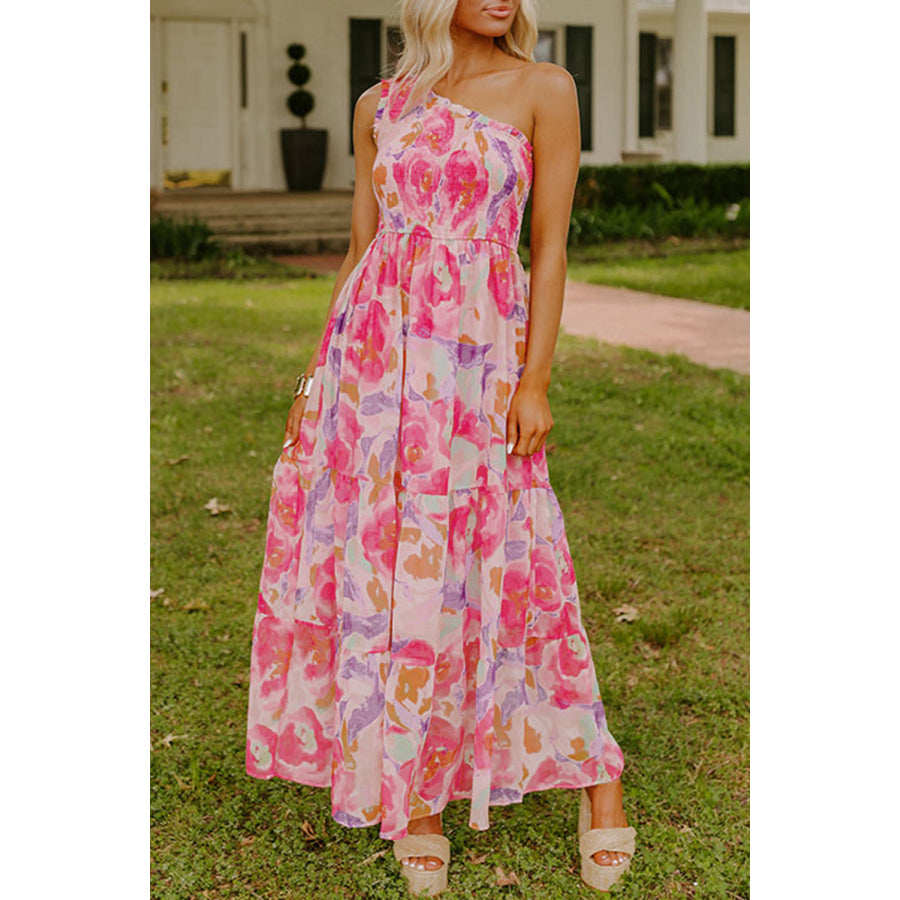 Pink Abstract Floral Print Shirred One Shoulder Maxi Dress Pink / S / 100% Polyester Dresses/Floral Dresses
