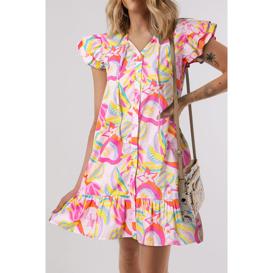 Pink Abstract Floral Ruffle Trim Flutter Sleeve Buttoned Dress Pink / S / 100% Cotton Sale (50% OFF)/Sale (50% OFF)