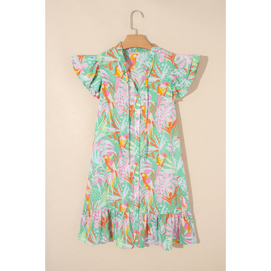 Pink Abstract Floral Ruffle Trim Flutter Sleeve Buttoned Dress Sale (50% OFF)/Sale OFF)