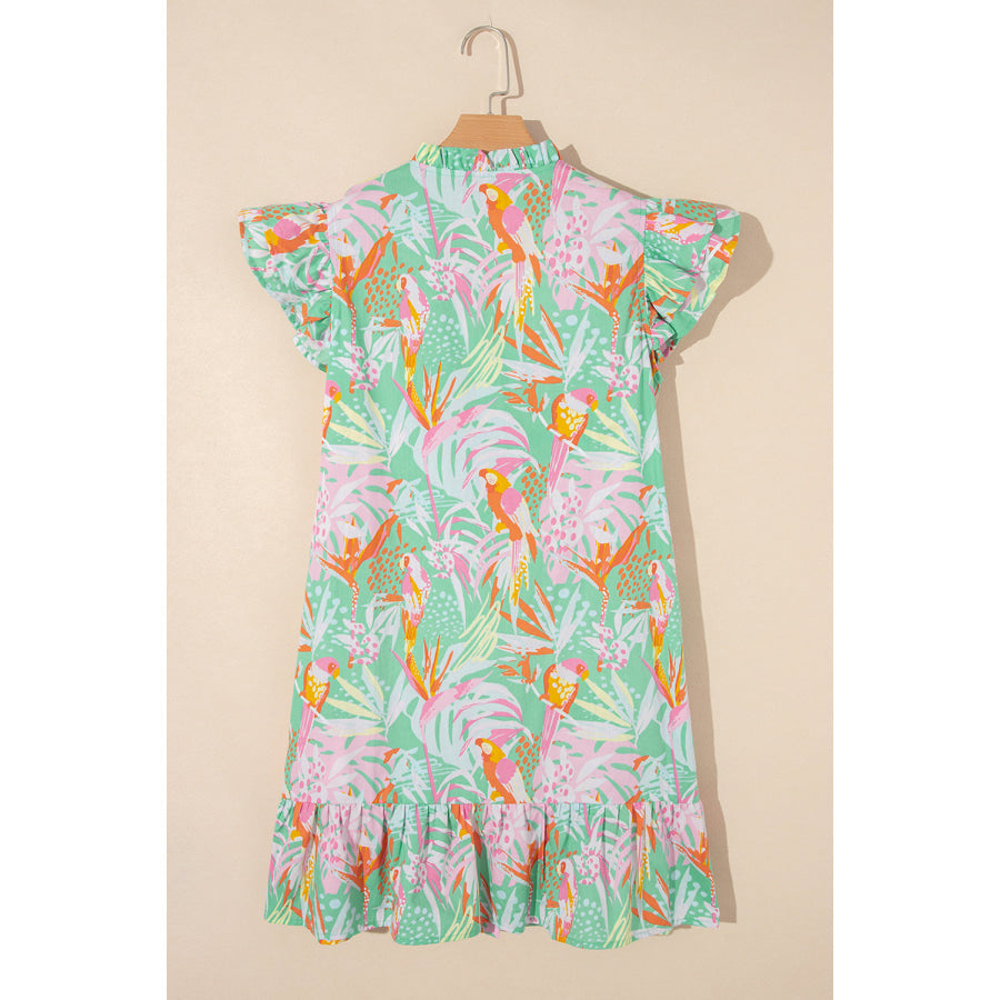 Pink Abstract Floral Ruffle Trim Flutter Sleeve Buttoned Dress Sale (50% OFF)/Sale (50% OFF)