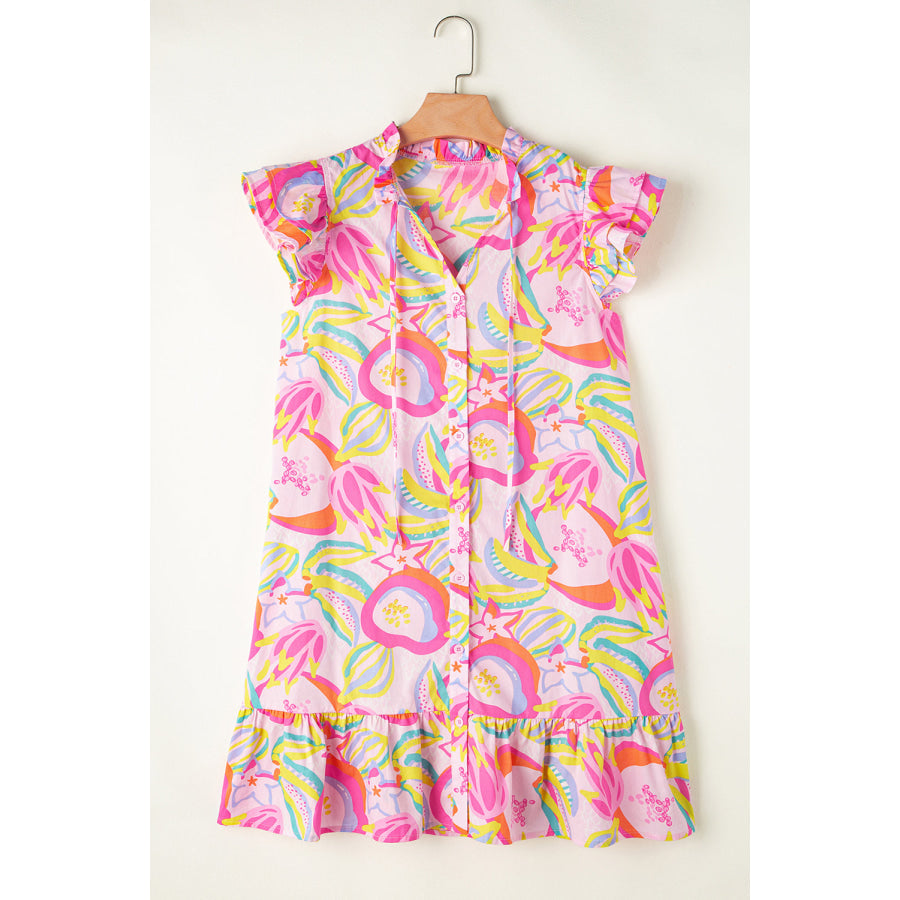 Pink Abstract Floral Ruffle Trim Flutter Sleeve Buttoned Dress Sale (50% OFF)/Sale (50% OFF)