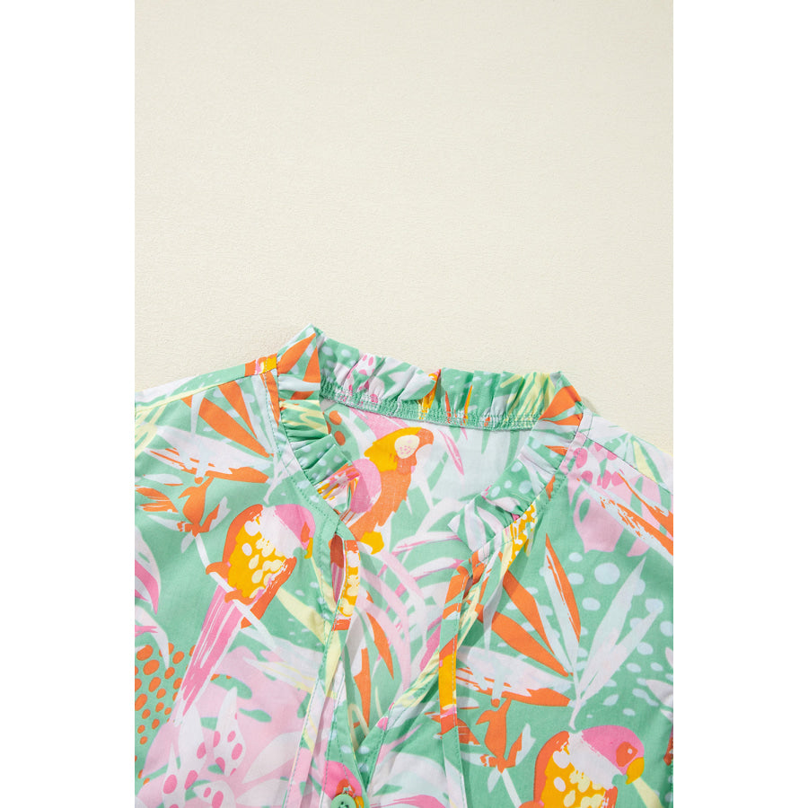 Pink Abstract Floral Ruffle Trim Flutter Sleeve Buttoned Dress Sale (50% OFF)/Sale (50% OFF)