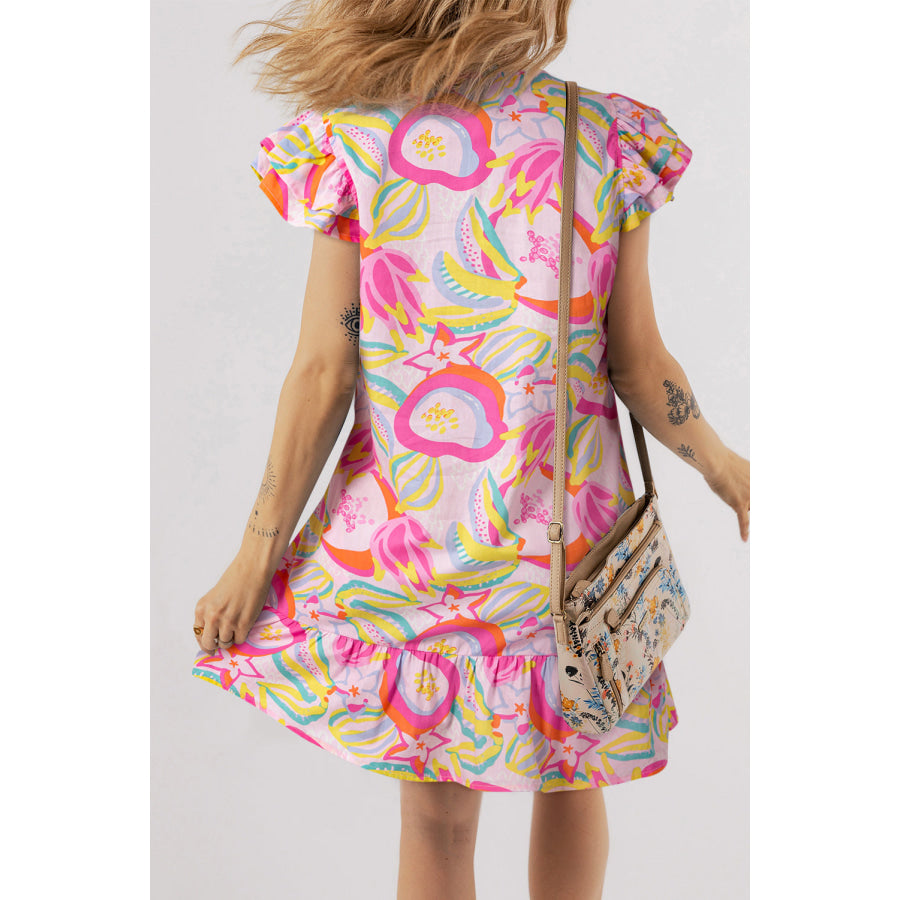 Pink Abstract Floral Ruffle Trim Flutter Sleeve Buttoned Dress Sale (50% OFF)/Sale (50% OFF)