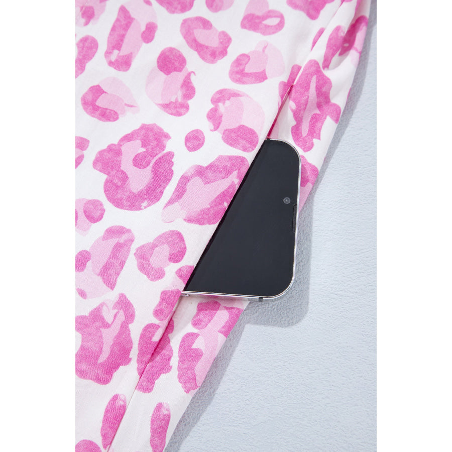 Pink Abstract Leopard Print Tie Waist Puff Sleeve Mini Shirt Dress Dresses/Mini Dresses
