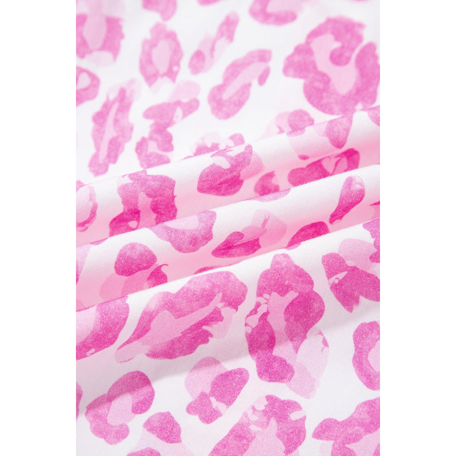Pink Abstract Leopard Print Tie Waist Puff Sleeve Mini Shirt Dress Dresses/Mini Dresses
