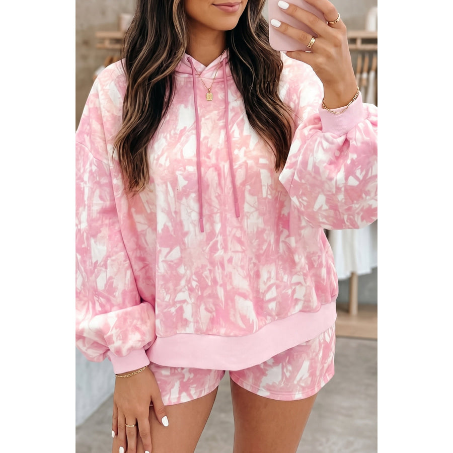 Pink Abstract Print Loose Hoodie Slim Shorts 2pcs Set Pink / S / 100% Polyester Two Piece Sets/Short Sets