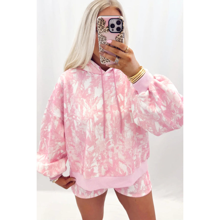 Pink Abstract Print Loose Hoodie Slim Shorts 2pcs Set Two Piece Sets/Short Sets