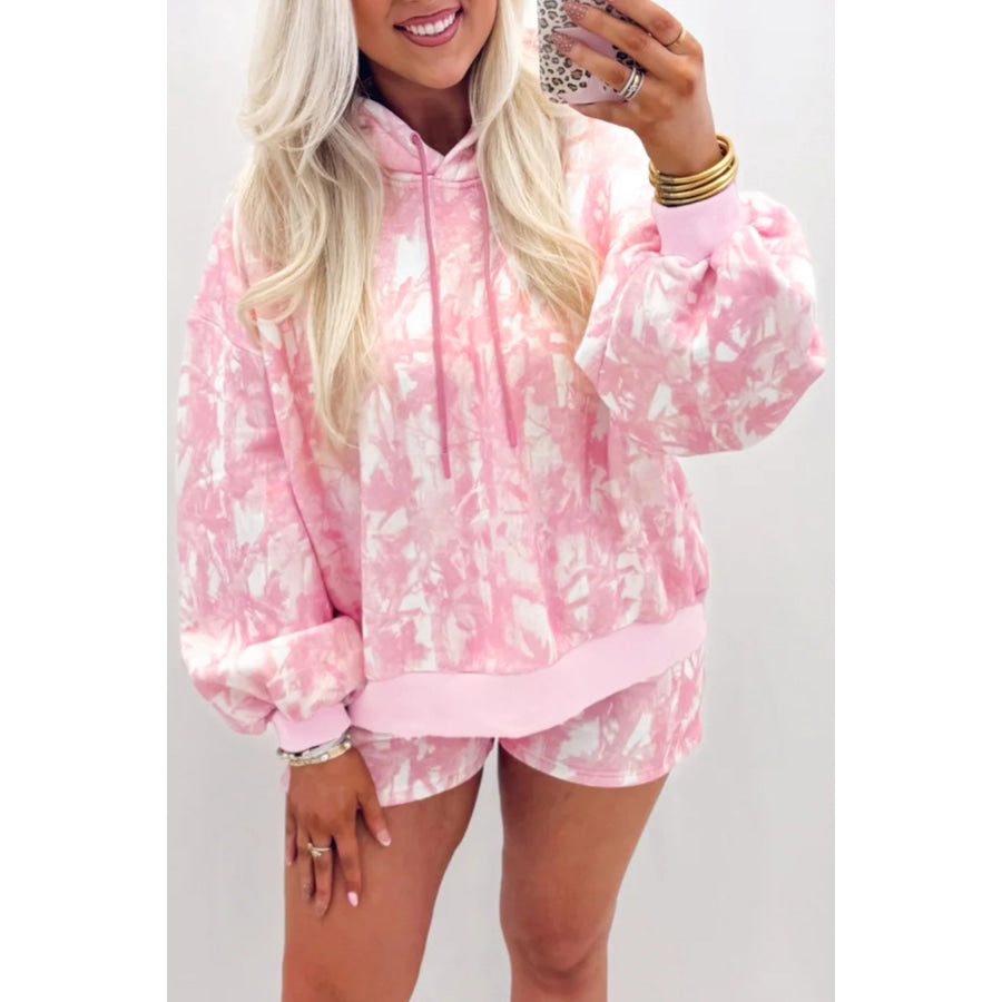 Pink Abstract Print Loose Hoodie Slim Shorts 2pcs Set Two Piece Sets/Short Sets