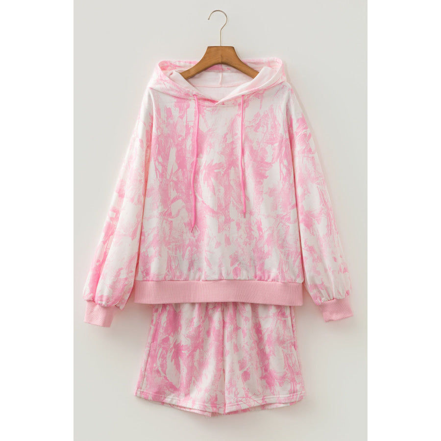 Pink Abstract Print Loose Hoodie Slim Shorts 2pcs Set Two Piece Sets/Short Sets