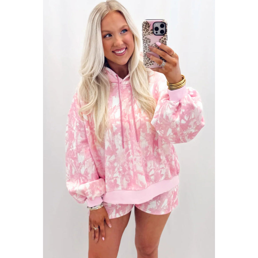 Pink Abstract Print Loose Hoodie Slim Shorts 2pcs Set Two Piece Sets/Short Sets