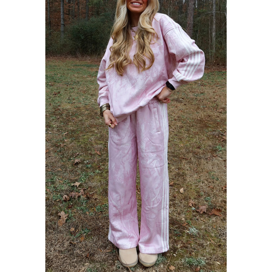 Pink Abstract Print Side Stripe Detail Long Sleeve Top Loose Pants Set / S / 100% Polyester Two Piece Sets/Pant Sets
