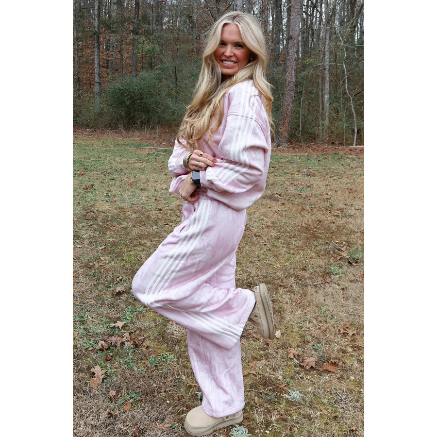 Pink Abstract Print Side Stripe Detail Long Sleeve Top Loose Pants Set Two Piece Sets/Pant Sets