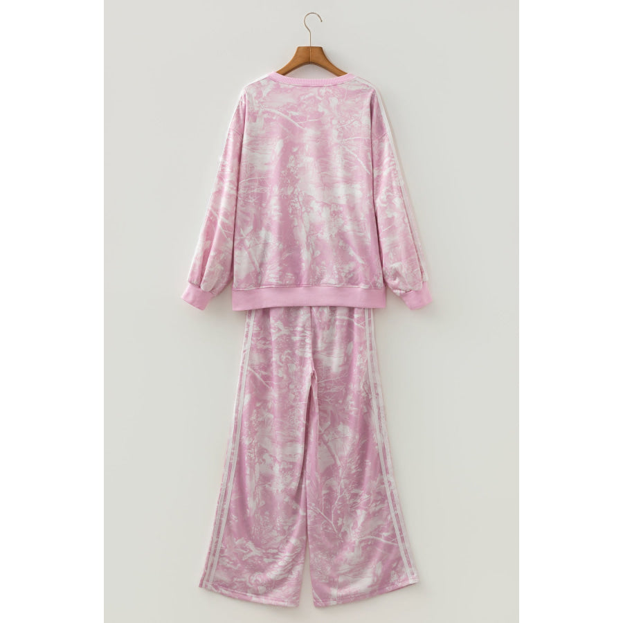 Pink Abstract Print Side Stripe Detail Long Sleeve Top Loose Pants Set Two Piece Sets/Pant Sets