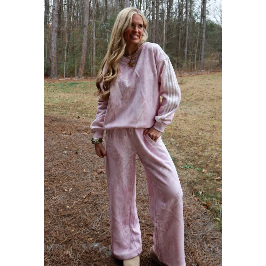 Pink Abstract Print Side Stripe Detail Long Sleeve Top Loose Pants Set Two Piece Sets/Pant Sets