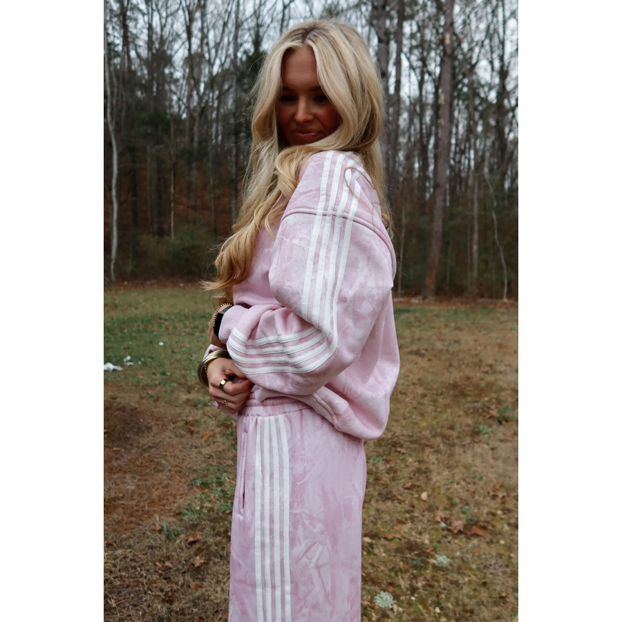 Pink Abstract Print Side Stripe Detail Long Sleeve Top Loose Pants Set Two Piece Sets/Pant Sets