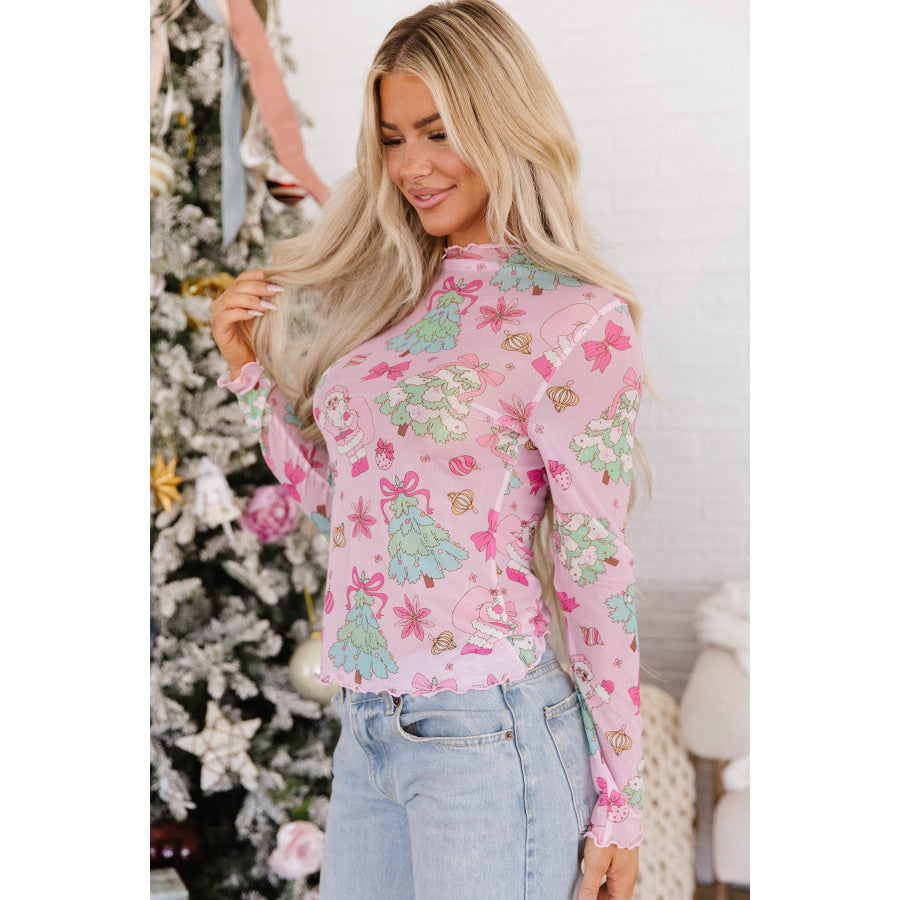 Pink Abstract Print Stand Neck Slim Fit Long Sleeve Top Tops/Long Sleeve Tops