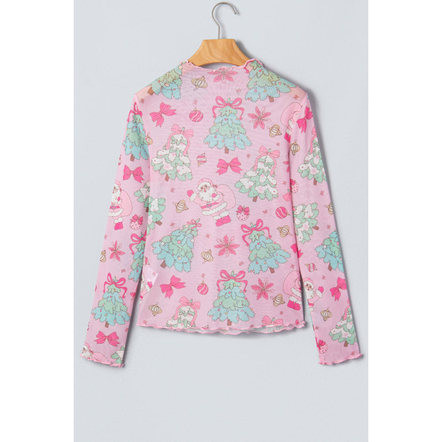 Pink Abstract Print Stand Neck Slim Fit Long Sleeve Top Tops/Long Sleeve Tops