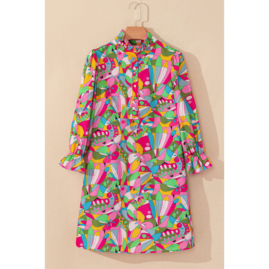 Pink Abstract Printed Lantern Sleeve Buttoned Mini Dress Dresses/Mini Dresses