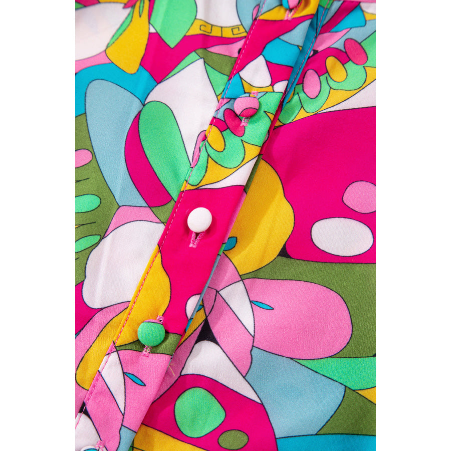 Pink Abstract Printed Lantern Sleeve Buttoned Mini Dress Dresses/Mini Dresses