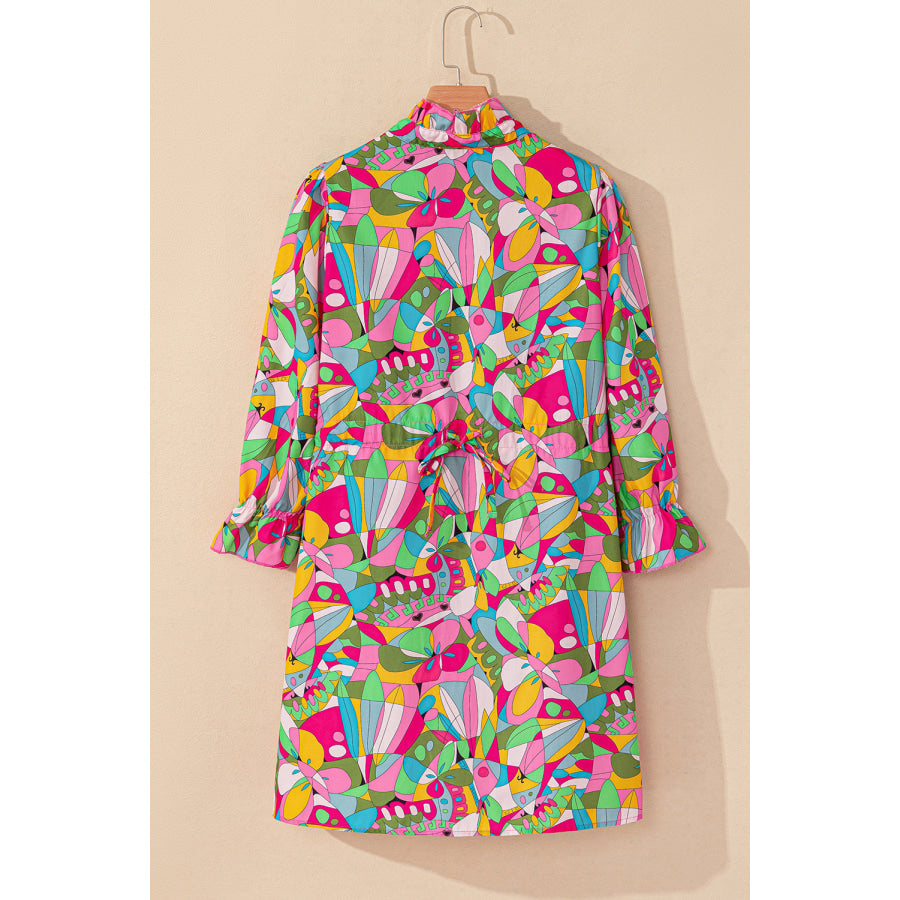 Pink Abstract Printed Lantern Sleeve Buttoned Mini Dress Dresses/Mini Dresses