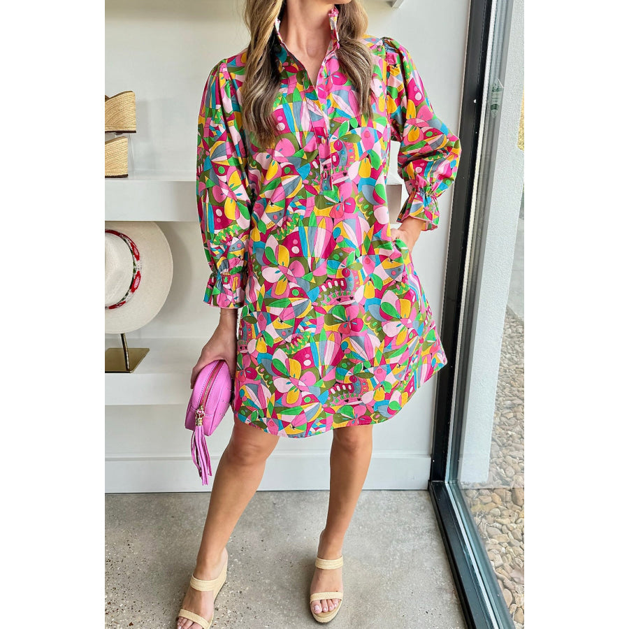 Pink Abstract Printed Lantern Sleeve Buttoned Mini Dress Dresses/Mini Dresses