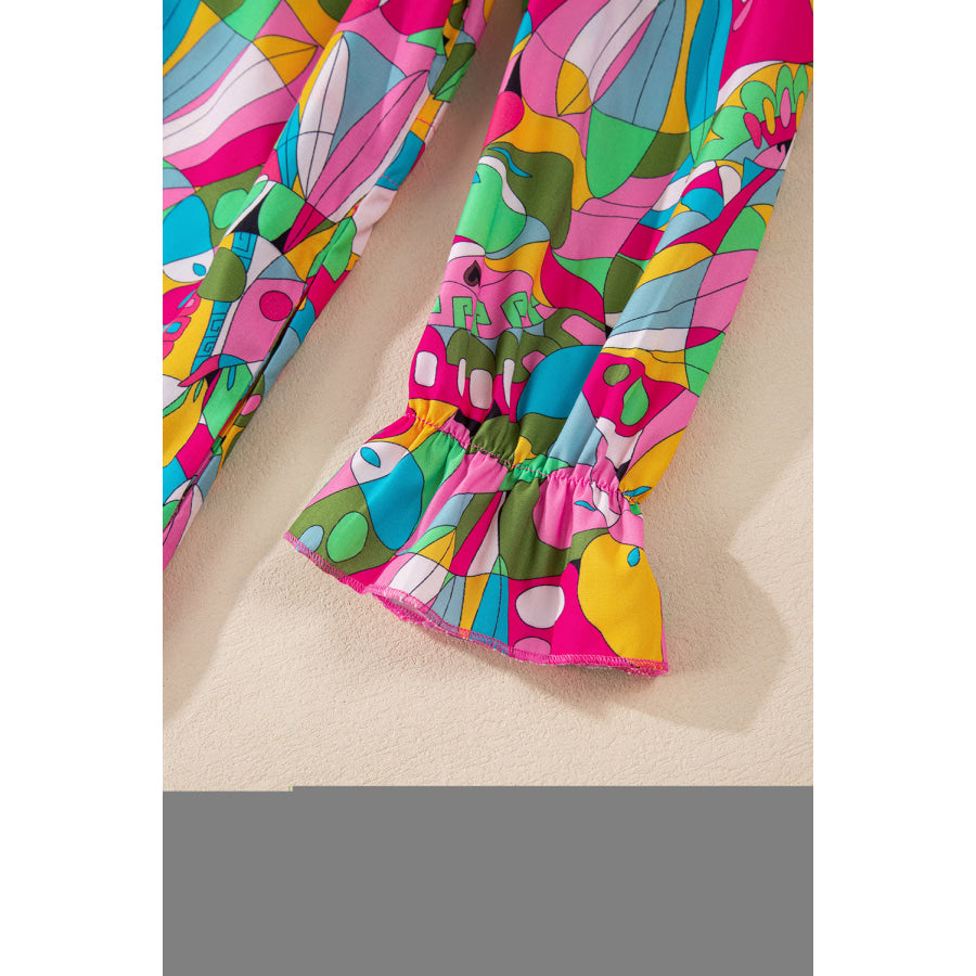 Pink Abstract Printed Lantern Sleeve Buttoned Mini Dress Dresses/Mini Dresses