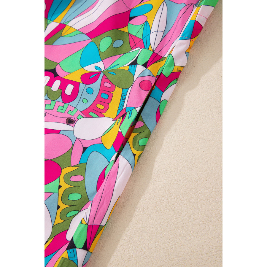 Pink Abstract Printed Lantern Sleeve Buttoned Mini Dress Dresses/Mini Dresses