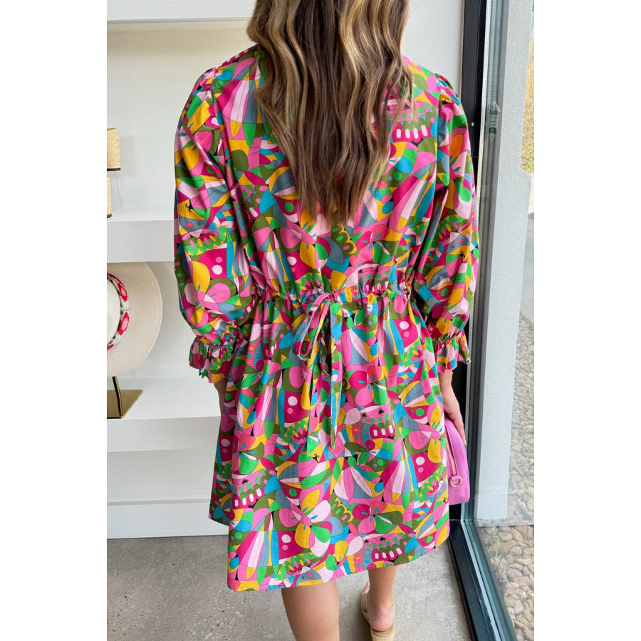 Pink Abstract Printed Lantern Sleeve Buttoned Mini Dress Pink / S / 100% Polyester Dresses/Mini Dresses