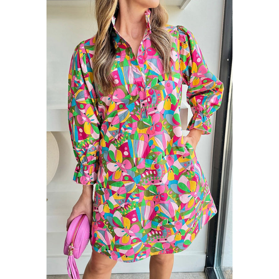 Pink Abstract Printed Lantern Sleeve Buttoned Mini Dress Pink / S / 100% Polyester Dresses/Mini Dresses