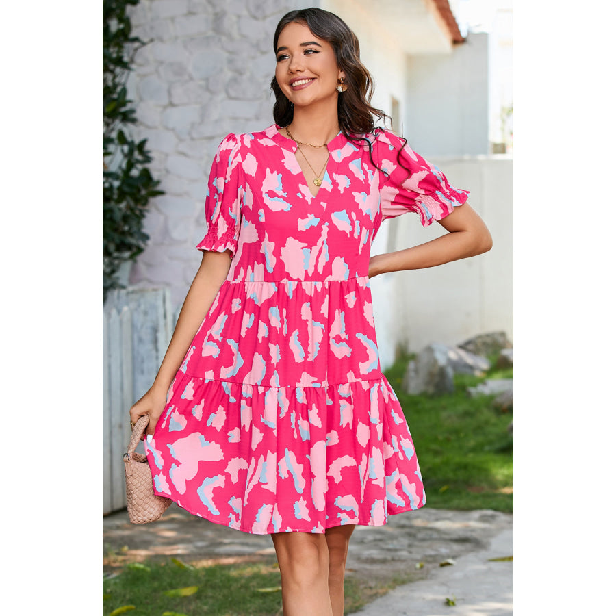 Pink Abstract Printed Puff Short Sleeve Tiered Loose Dress Dresses/Mini Dresses