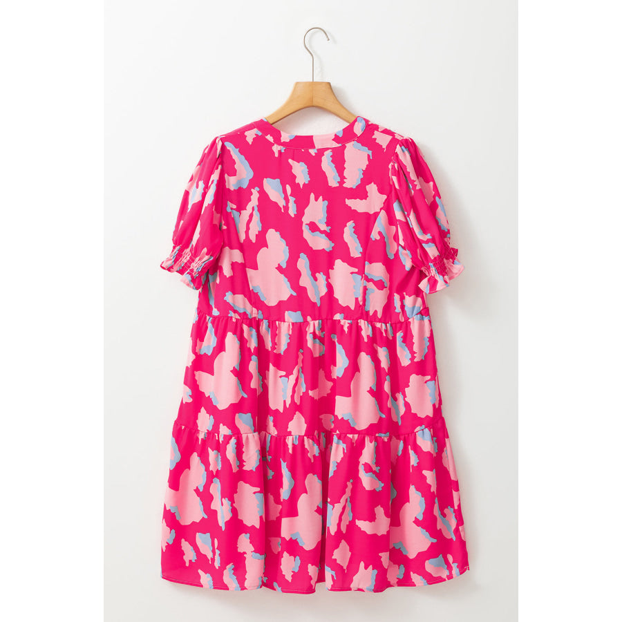Pink Abstract Printed Puff Short Sleeve Tiered Loose Dress Dresses/Mini Dresses