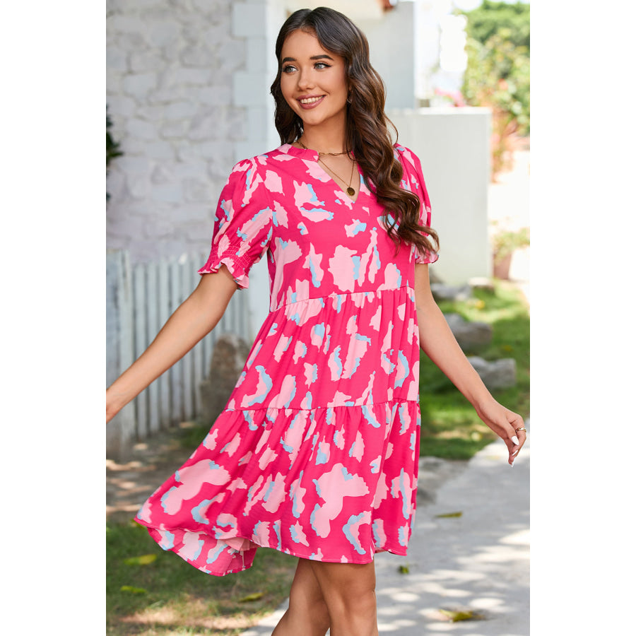 Pink Abstract Printed Puff Short Sleeve Tiered Loose Dress Dresses/Mini Dresses
